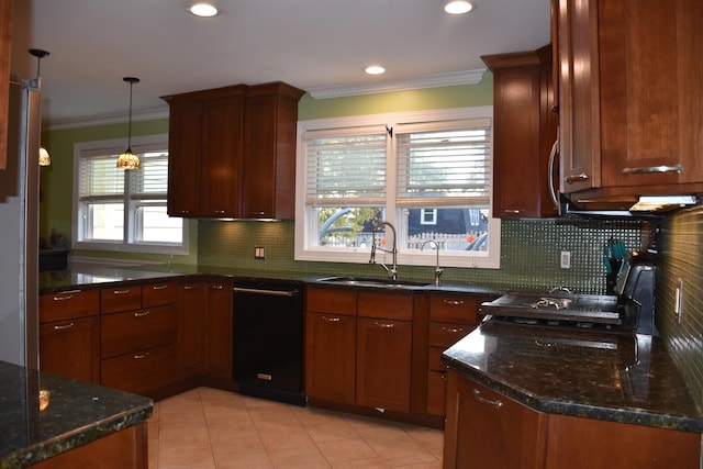 kitchen featuring pendant lighting, sink, black dishwasher, ornamental molding, and decorative backsplash