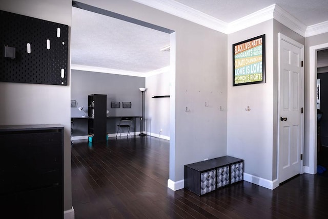 corridor with crown molding and dark hardwood / wood-style floors