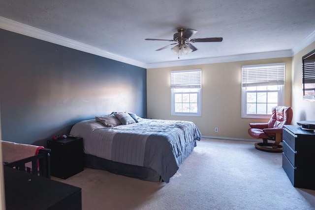 carpeted bedroom featuring multiple windows, crown molding, and a textured ceiling