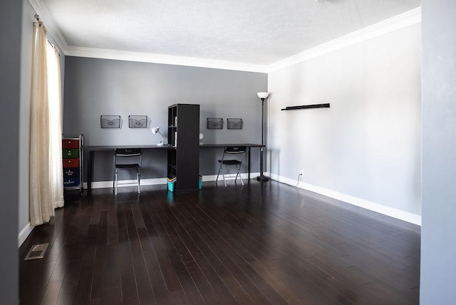 office featuring ornamental molding, dark hardwood / wood-style flooring, and a textured ceiling