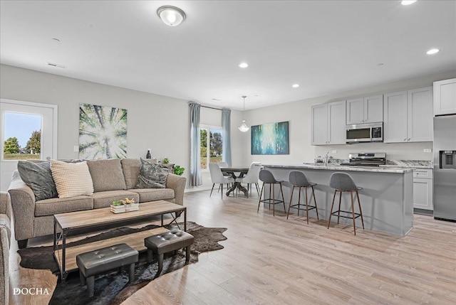 living room with sink and light wood-type flooring