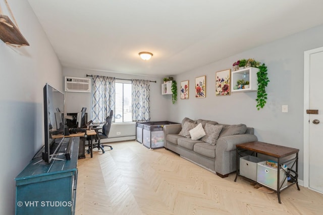 living room with light parquet flooring, a baseboard heating unit, and a wall mounted air conditioner