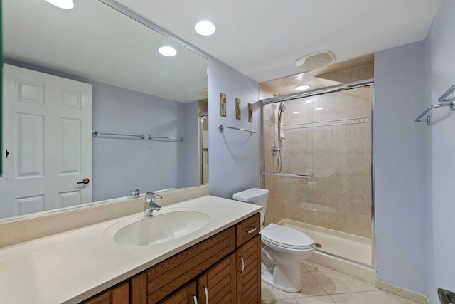 bathroom featuring tile patterned flooring, an enclosed shower, vanity, and toilet