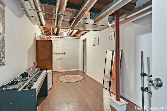 basement with dark hardwood / wood-style floors