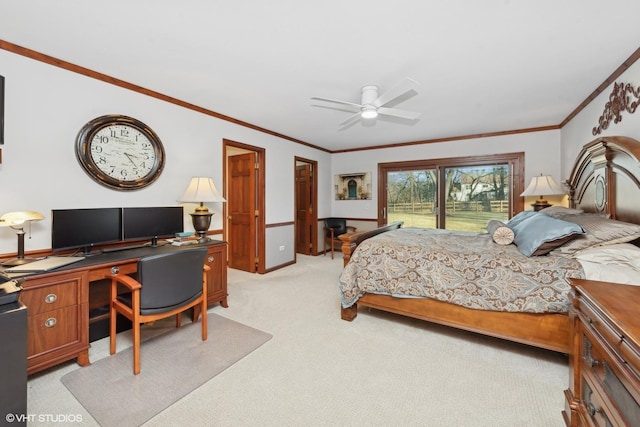 bedroom with crown molding and light carpet