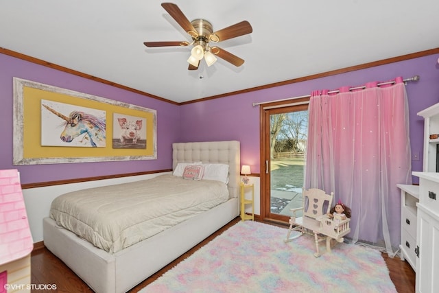 bedroom with crown molding, ceiling fan, hardwood / wood-style floors, and access to outside