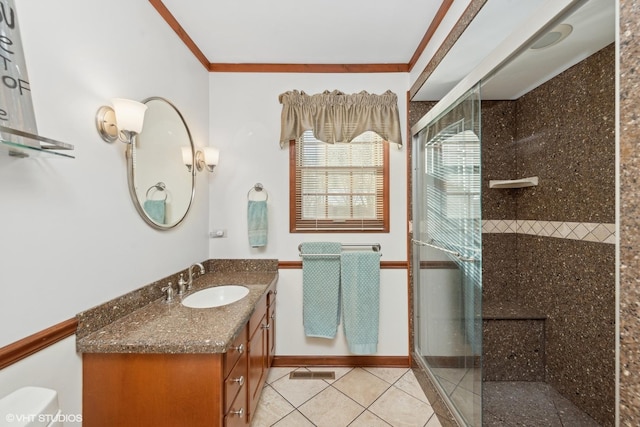 bathroom with an enclosed shower, vanity, tile patterned floors, and ornamental molding