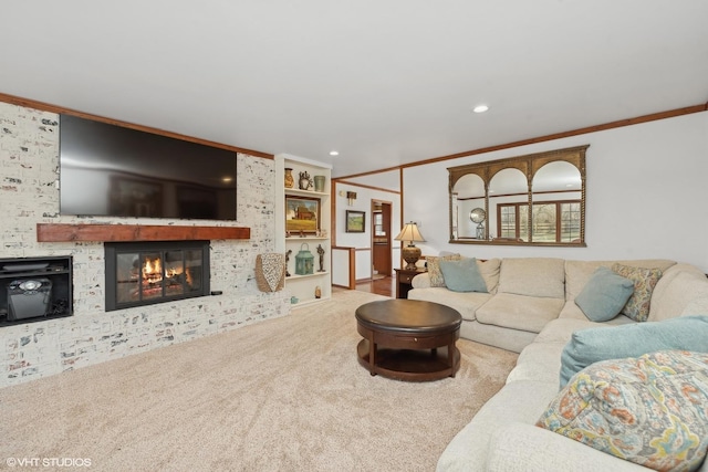 living room featuring crown molding and carpet floors