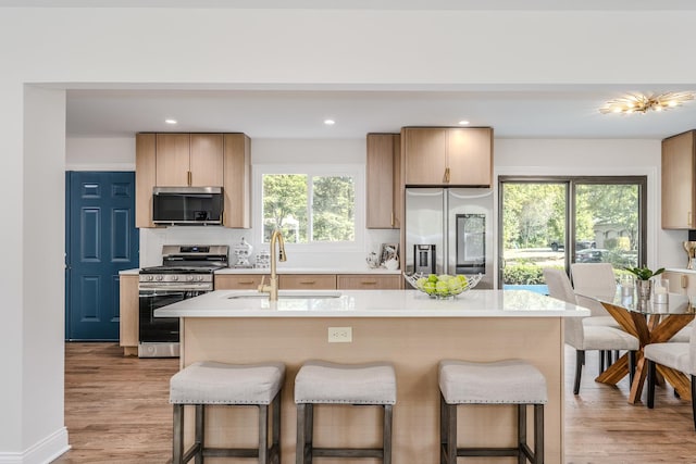 kitchen with stainless steel appliances, sink, light hardwood / wood-style flooring, and a center island with sink