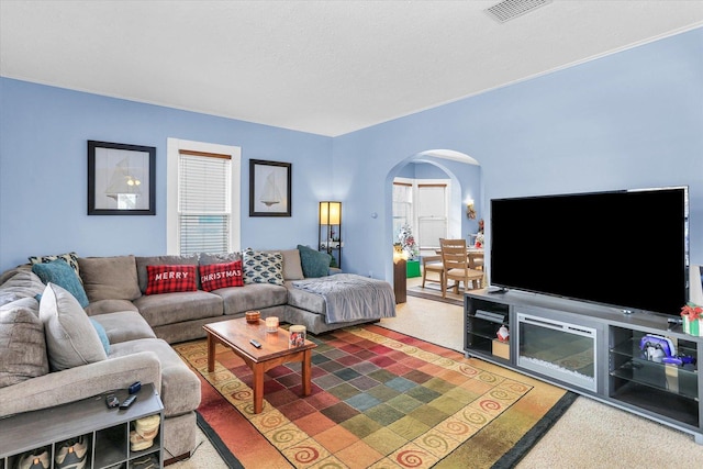 living room featuring a textured ceiling and carpet