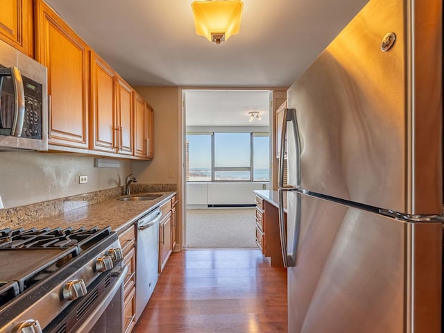 kitchen with appliances with stainless steel finishes, sink, and dark hardwood / wood-style flooring