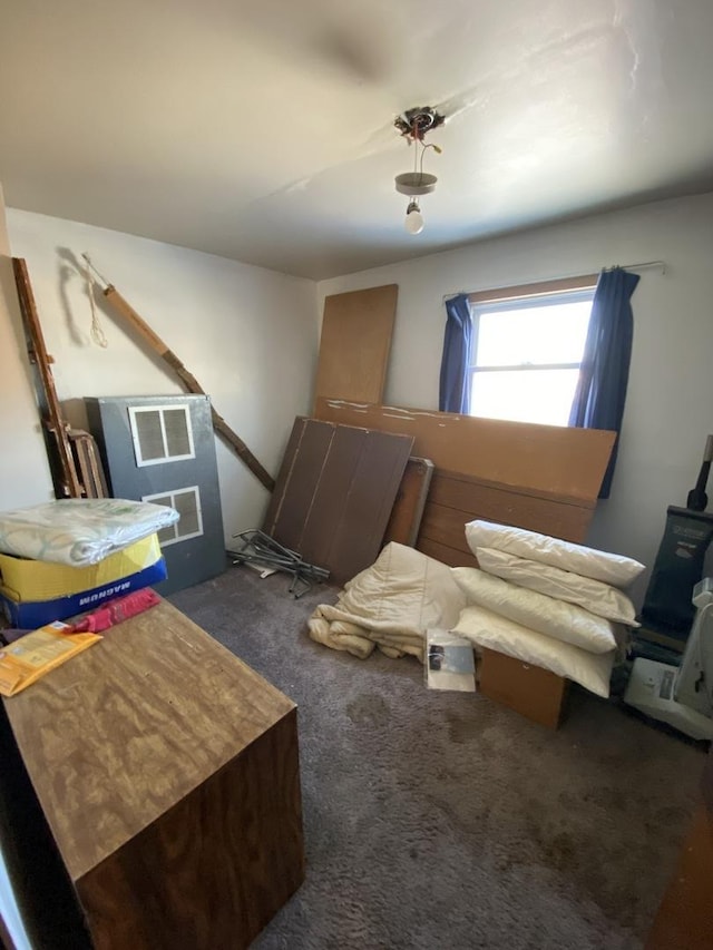 interior space featuring dark colored carpet