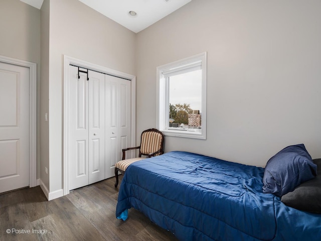 bedroom featuring dark wood-type flooring and a closet