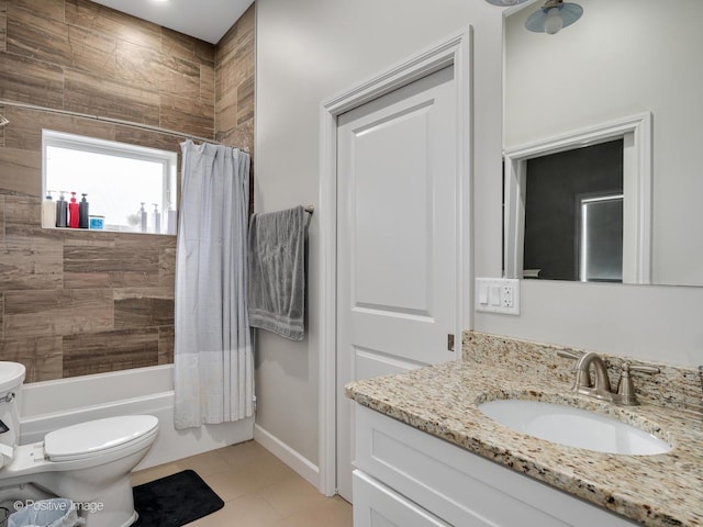 full bathroom featuring tile patterned flooring, vanity, shower / tub combo with curtain, and toilet