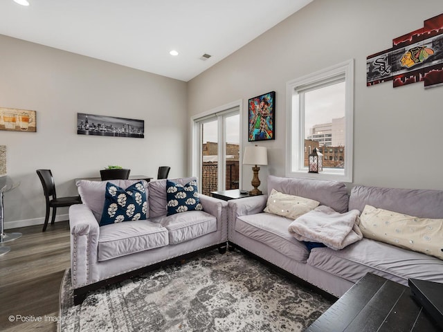 living room with dark wood-type flooring