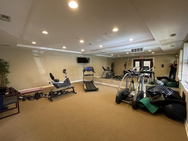 workout area featuring a tray ceiling and carpet