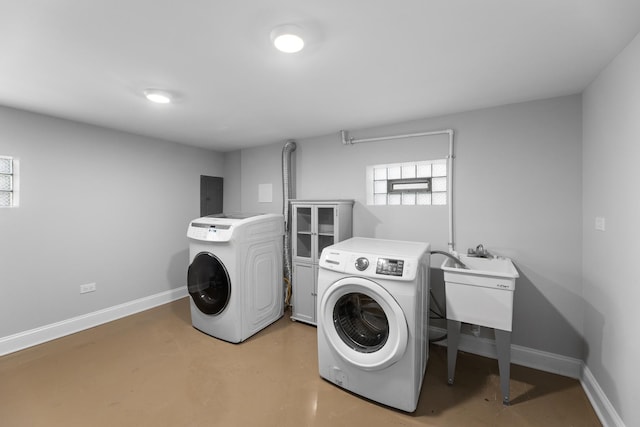 laundry room with washer and dryer and electric panel