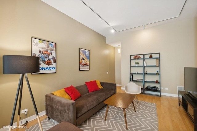 living room featuring hardwood / wood-style flooring and rail lighting