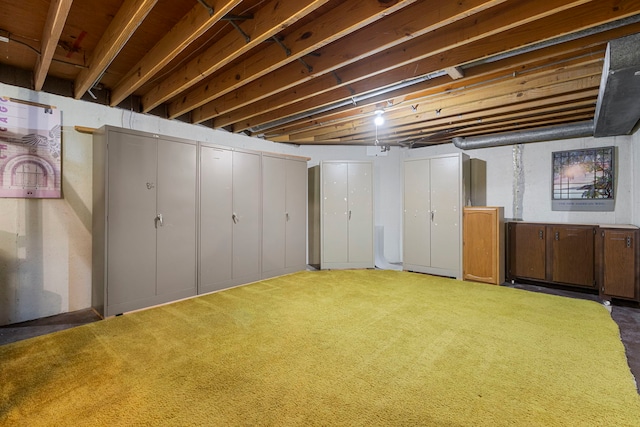 basement with dark carpet