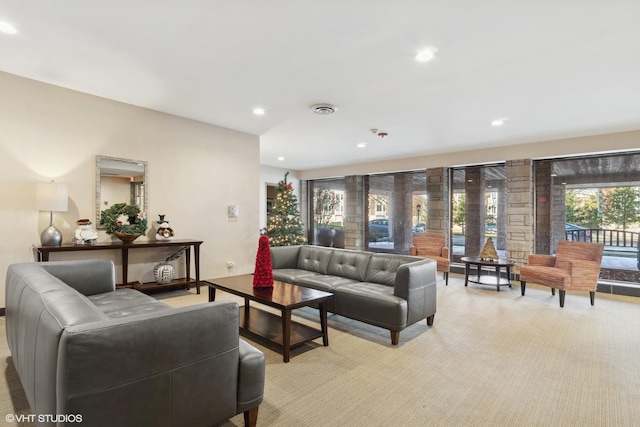 living room featuring light colored carpet