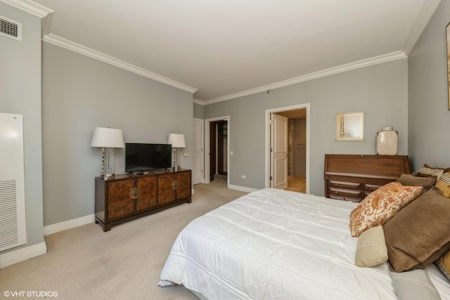 carpeted bedroom featuring crown molding