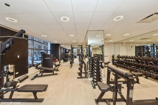 workout area featuring a paneled ceiling and light wood-type flooring