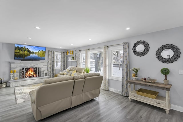 living room with wood-type flooring and a fireplace