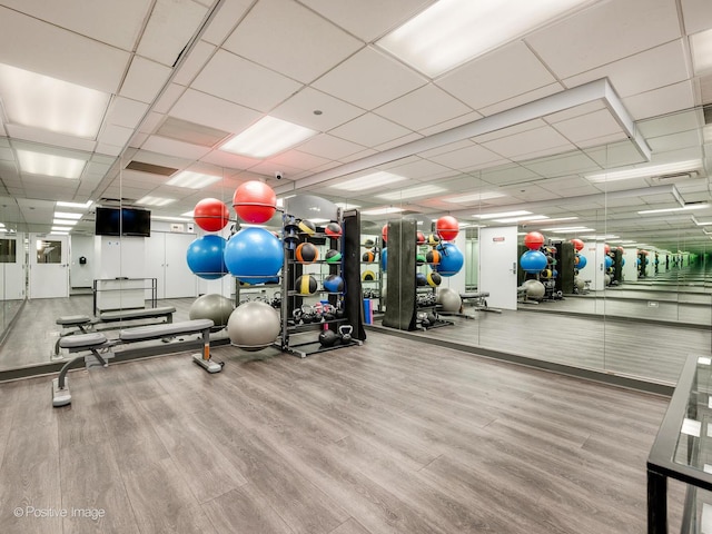 workout area with a drop ceiling and light wood-type flooring