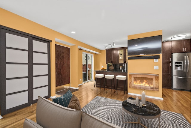 living room featuring sink, track lighting, and light hardwood / wood-style flooring