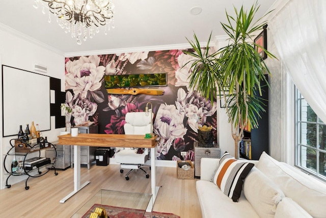 office space with wood-type flooring, ornamental molding, and a chandelier