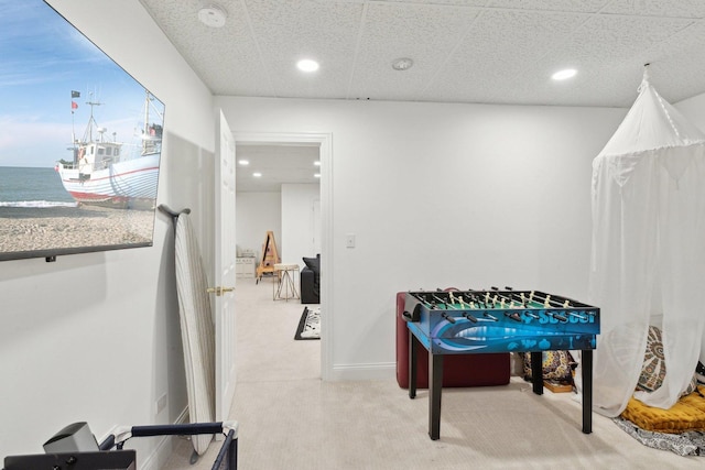 interior space featuring light carpet and a drop ceiling