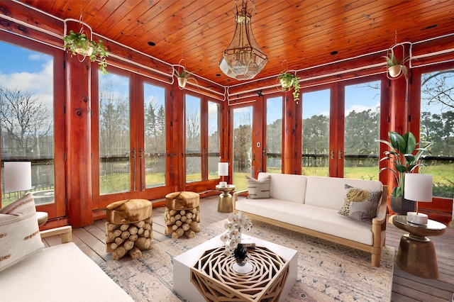 sunroom with plenty of natural light and wooden ceiling