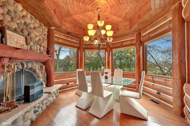 dining space with hardwood / wood-style flooring, wooden ceiling, log walls, and a chandelier