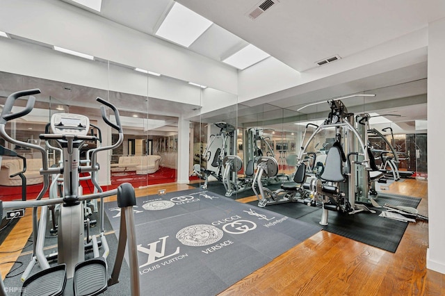 workout area featuring a skylight