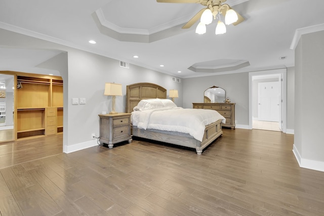 bedroom featuring crown molding, a spacious closet, light hardwood / wood-style flooring, and a tray ceiling