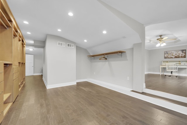 bonus room featuring hardwood / wood-style flooring, vaulted ceiling, and ceiling fan