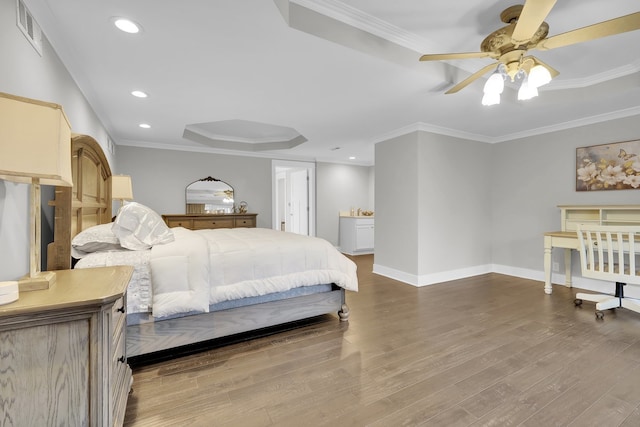 bedroom with crown molding, ceiling fan, and wood-type flooring