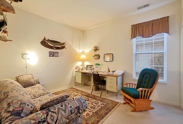 office with light colored carpet and a healthy amount of sunlight