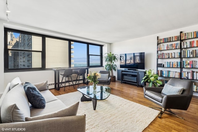 living room featuring a baseboard radiator and hardwood / wood-style floors