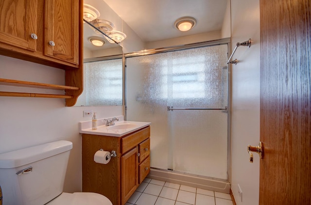 bathroom with tile patterned flooring, vanity, an enclosed shower, and toilet