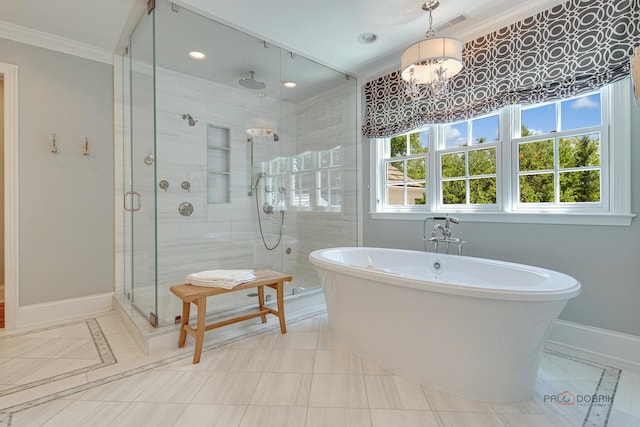 bathroom featuring crown molding and plus walk in shower