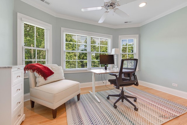 office with light hardwood / wood-style flooring, crown molding, and a wealth of natural light