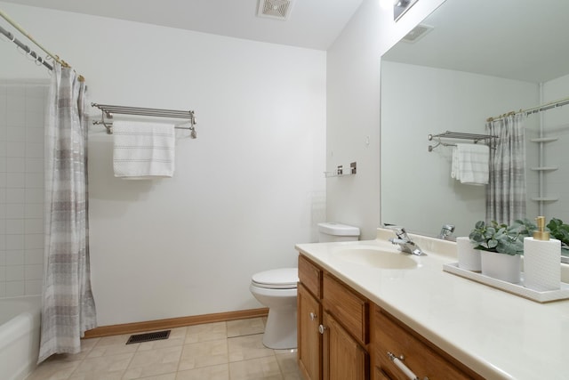 full bathroom with shower / bath combination with curtain, tile patterned floors, vanity, and toilet