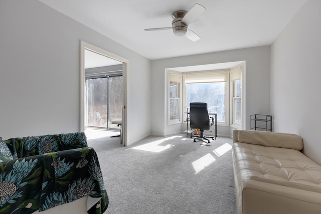 bedroom featuring ceiling fan, baseboards, and carpet flooring