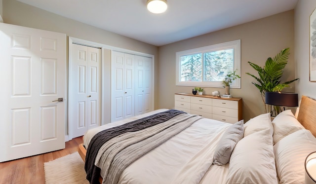 bedroom with multiple closets and light wood-type flooring