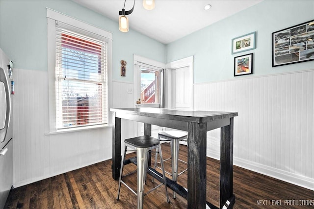 dining area featuring dark wood-type flooring