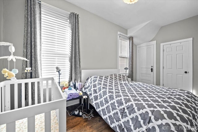 bedroom with vaulted ceiling and dark hardwood / wood-style floors