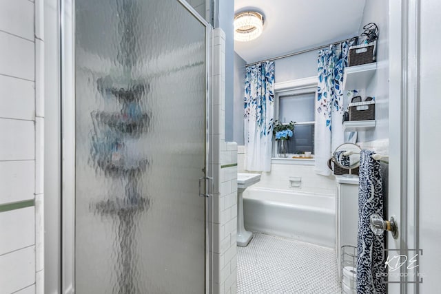 bathroom with tile patterned floors and plus walk in shower