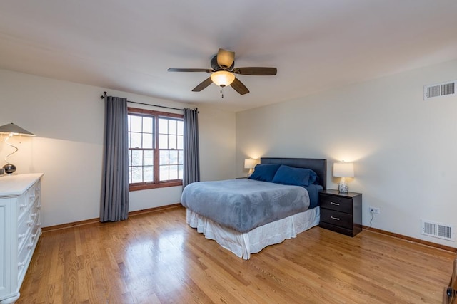 bedroom featuring ceiling fan and light wood-type flooring