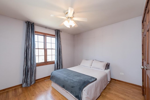 bedroom featuring ceiling fan and light wood-type flooring